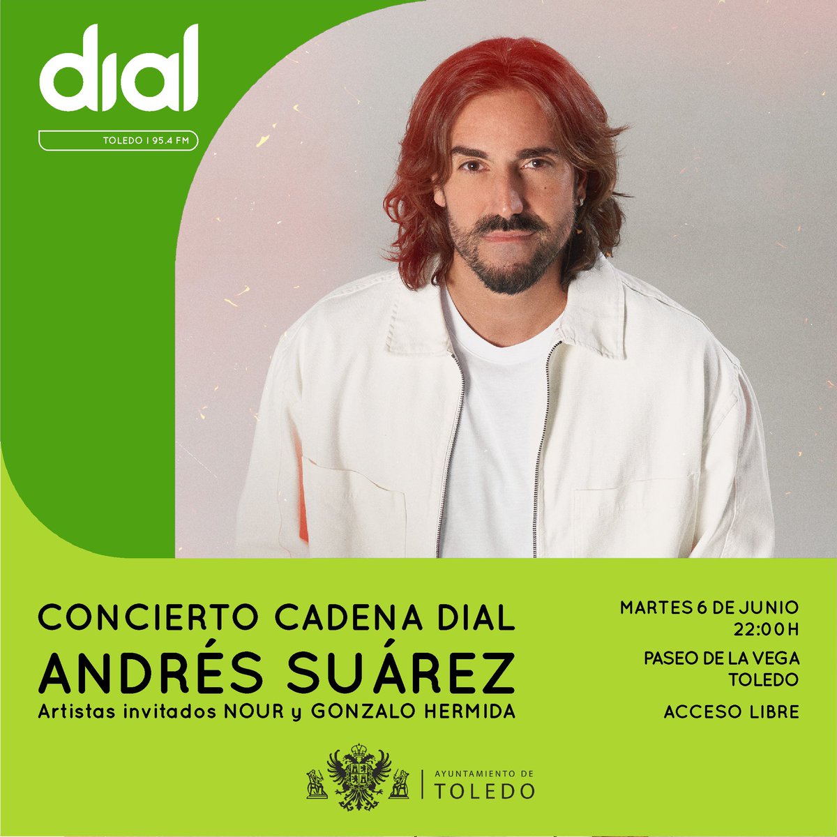 Andrés Suarez actuará este martes gratis en ‘La Vega’ dentro de las propuestas de @toledoayto para celebrar el Corpus. 

Además, la Unión Musical Benquerencia versionará clásicos del pop rock de los 70, 80 y 90 en la plaza del Ayuntamiento. 

Más info: toledo.es/andres-suarez-…