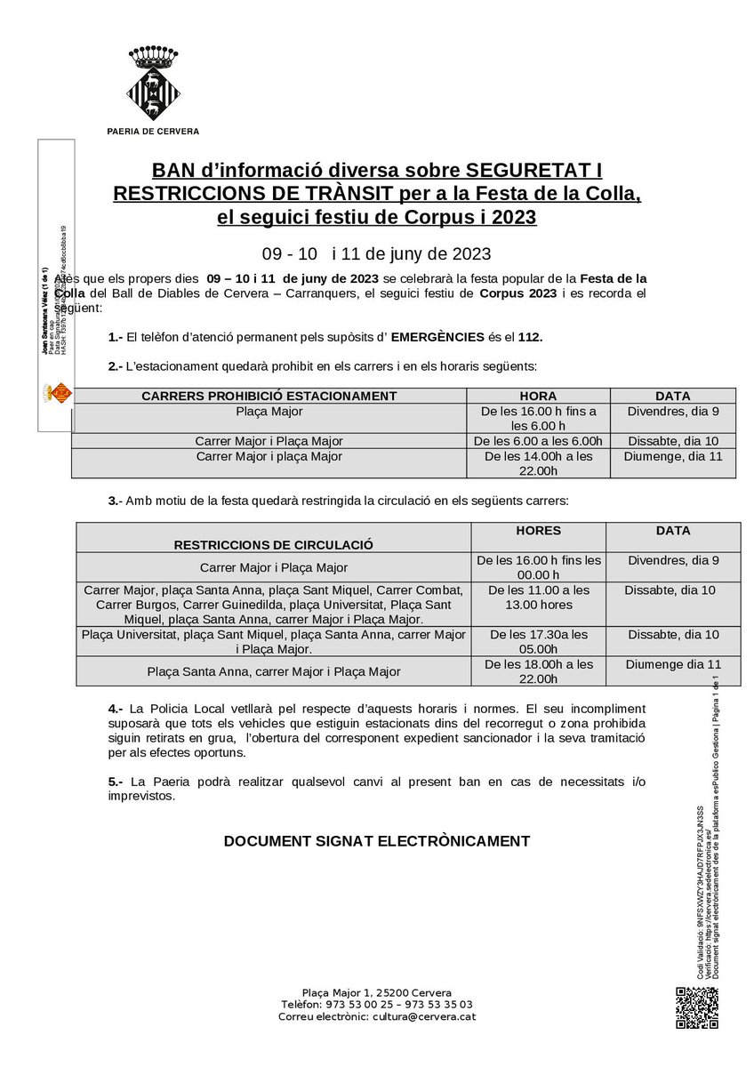 paeriacervera's tweet photo. 📢 Aquest cap de setmana, del 9 a l'11 de juny, se celebren la Festa de la Colla del Ball de Diables de #Cervera Carranquers i el Corpus.  

🧐Consulteu els bans amb les mesures de seguretat i les restriccions de trànsit. 👇 https://t.co/DMKwVBYHn0