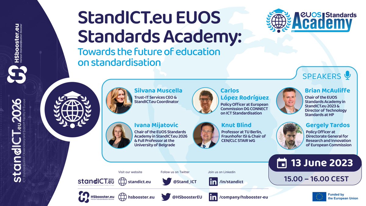 HSboosterEU's tweet photo. 📢Join our webinar co-organised with @Stand_ICT to discover how #StandICT and #HSbooster are promoting✨#standardisation education🎓! Explore the:
👉@Stand_ICT EUOS Standards Academy
👉#HSbooster Training Academy
@REA_research Register now:🚀 https://t.co/uuhNRtMYOi https://t.co/fzFV2DpPTy