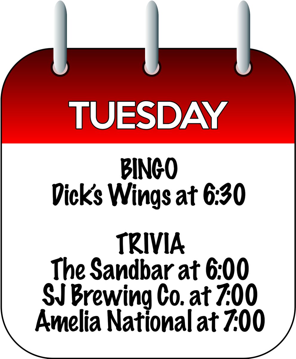 Our Tuesday night TRIVIA:30 lineup: TRIVIA at Sandbar Amelia Island, SJ Brewing Co., and Amelia National, or BINGO at Dick's Wings Fernandina. Free answer for trivia is *Blues Magoos* See you tonight! #TRIVIA30 #WakeUpYourBrain #TriviaTuesday #trivia #trivianight #triviatime