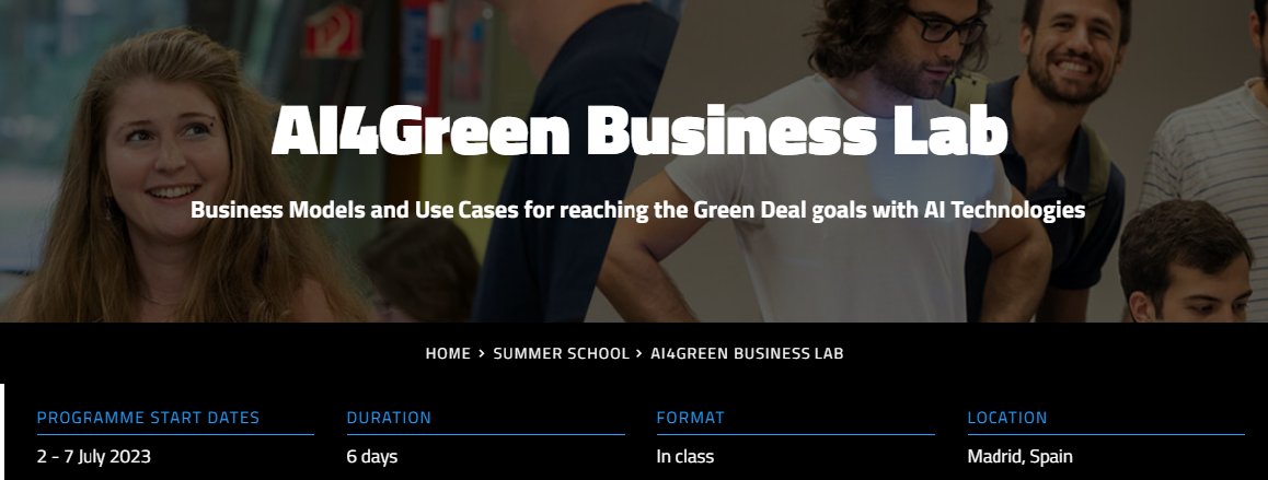 🗣️¡Te invitamos al Summer School on AI4Green junto a <a href="/HuaweiMobileESP/">Huawei Mobile España</a> 

👉Aprende sobre #IA, modelos de negocio y casos de uso. 

👉Dto. del 50% para estudiantes de <a href="/La_UPM/">Universidad Politécnica de Madrid</a> . 
20 becas disponibles. 

👉Regístrate antes del 8 de Junio aquí: 
summerschool.eitdigital.eu/ai4green-busin…
