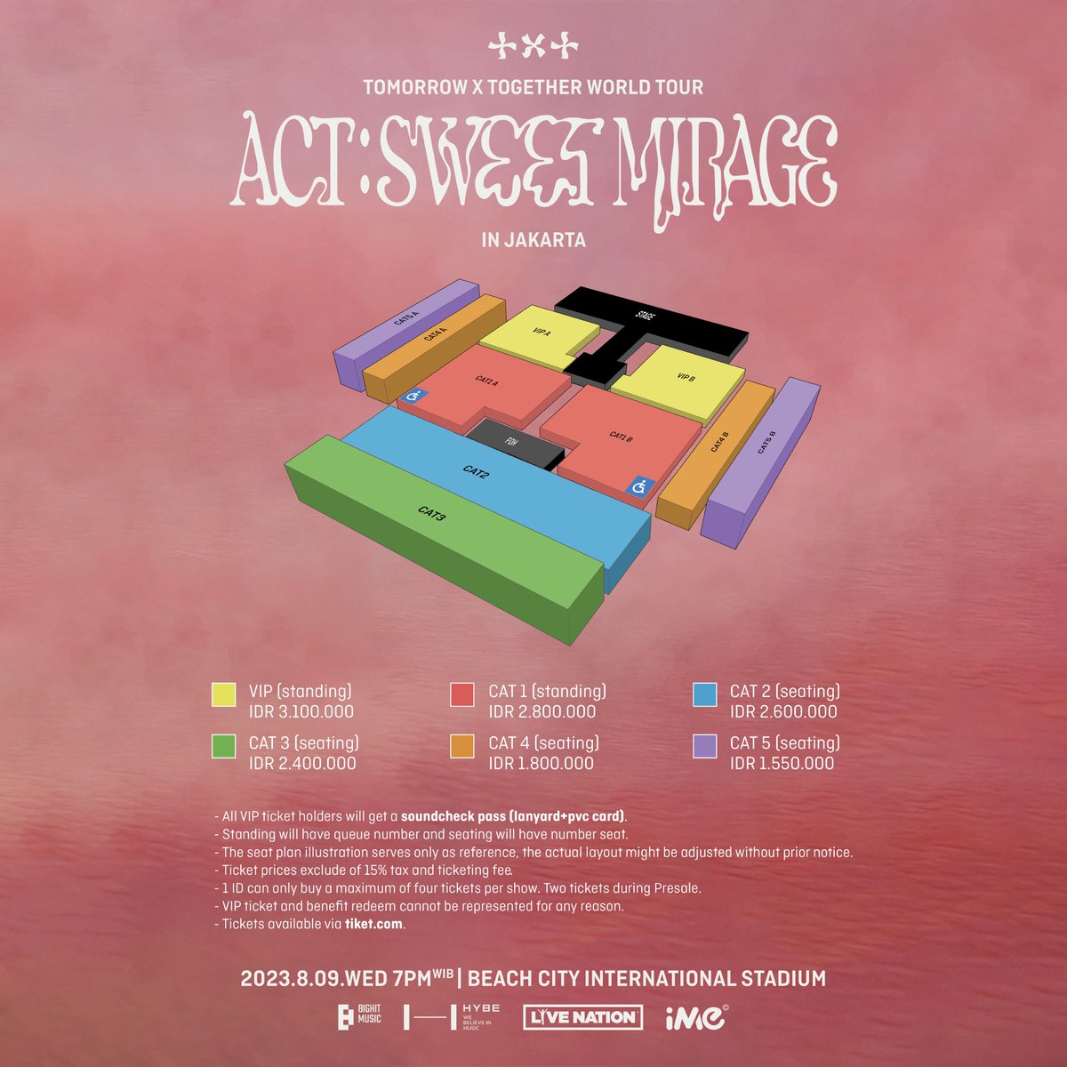 Indonesian MOA, have you decided which category to see TOMORROW X TOGETHER WORLD TOUR <ACT : SWEET MIRAGE> IN JAKARTA?

MOA MEMBER Presale: 21 June, 10AM WIB.
Public On Sale: 22 June, 10AM WIB.

Via @tiket

#TOMORROW_X_TOGETHER #TXT #ACT_SWEET_MIRAGE #TXT_ASM_TOUR #iMeIndonesia