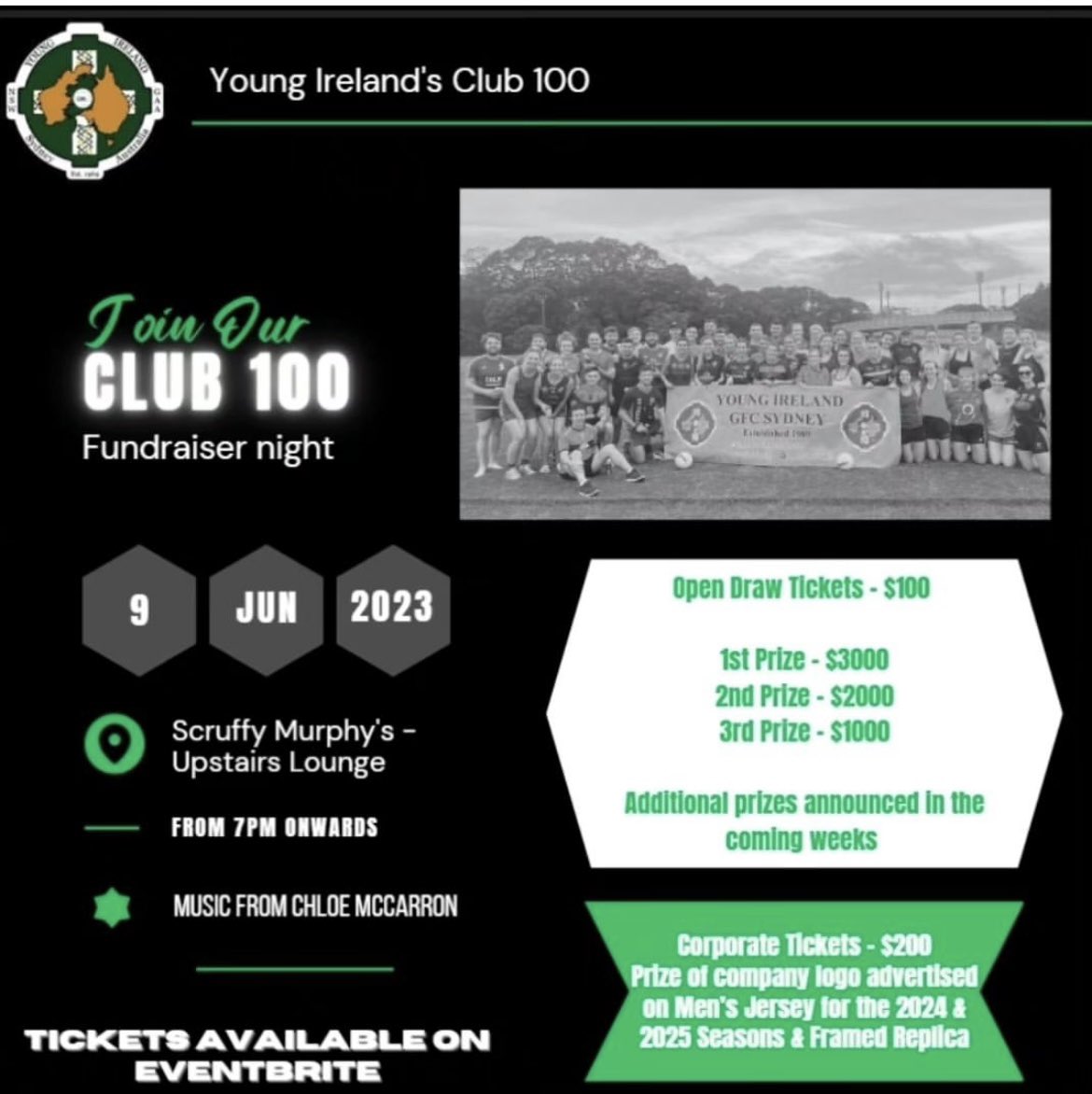 Countdown is on for our Club100 on Friday! 
We have added an alternative 1st prize for the Open Draw. 
Winner will now have the option of taking 
$3,000 cash 
OR
👉$2,500 cash
👉 1 night stay in Gibson Hotel in Dublin on July 30th AND
👉2 tickets to the All Ireland Football Final