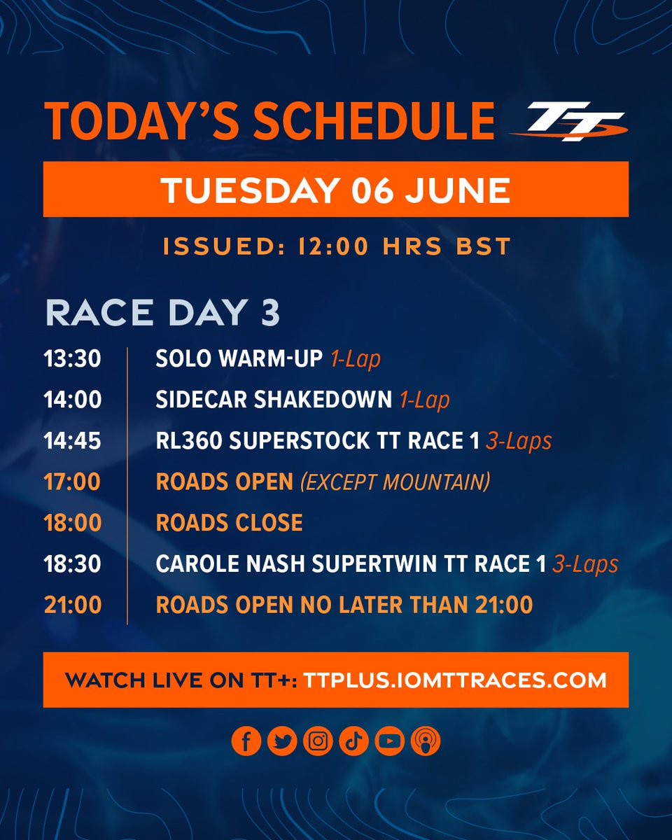 Update: Due to current weather conditions there is a new schedule for today. Solo Warm-Up will now start at 13:30 and all roads on the TT Mountain Course remain closed.  #TT2023