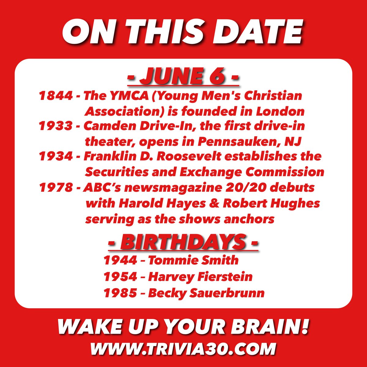 Your 6/6 OTD trivia. Join us for TRIVIA at The Sandbar, SJ Brewing, or Amelia National, or BINGO at Dick's Wings! #TRIVIA30 #WakeUpYourBrain #trivia #YMCA #London #DriveInTheater #NewJersey #FDR #SEC #ABC #2020 #TommieSmith #HarveyFierstein #BeckySauerbrunn #USWNT