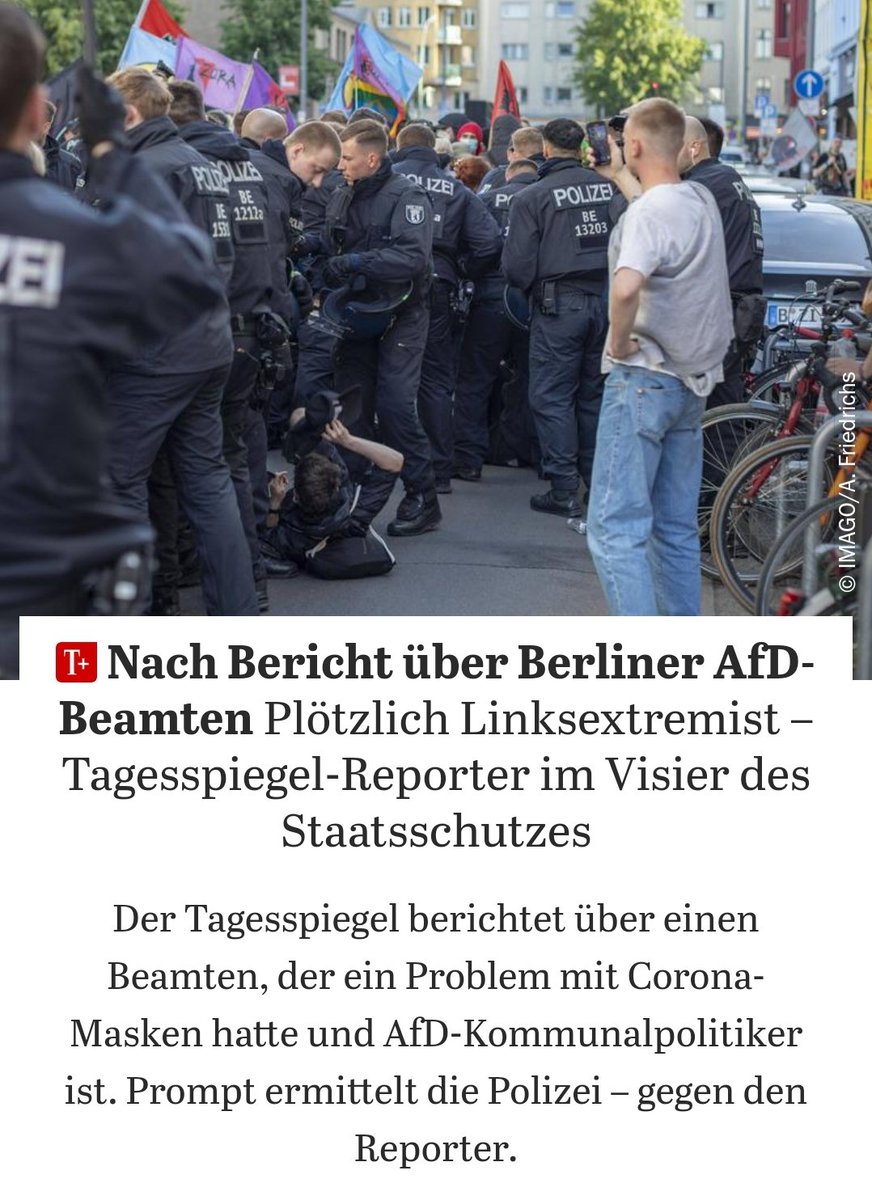 Tieresindfreaks's tweet image. Ich glaub, es hackt. Ein AfD-Polizist hetzt gegen meinen Kollegen @glr_berlin, und der Staatsschutz springt drauf an. Unfassbar.
tagesspiegel.de/berlin/nach-be…