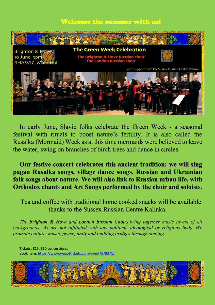 BrightUnitarian's tweet photo. A shout out for the summer concert of Brighton &amp; Hove’s Russian Choir, who rehearse at the church, joined by their sister choir from London, both led by the amazing Polina Shepherd, at BHASVIC, Sat 10 June, 3pm. Get your tickets now! https://t.co/M50R0ICBYh https://t.co/C5CGO5c9AB