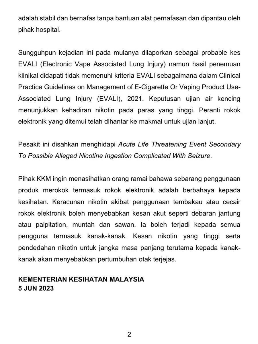 rafidah72's tweet photo. Saya MARAH.

Sebab atas desakan, vape sudah di-KELUAR-kan dari Akta Racun.

Generational End Game pun entah bila nak bincang balik di Parlimen.

Perhabisnya, ada kanak-kanak berumur 2 tahun yang rosak paru-parunya. Ujian air kencing mengandungi kandungan nikotin yang tinggi.

Apa nak jadi dengan negara kita ini. 

Tolonglah. 
VAPE di Malaysia TIDAK SELAMAT.
Jauhi apa-apa jenis rokok/asap dan yang sewaktu dengannya.

Blood is in your hands. 
You know who you are.