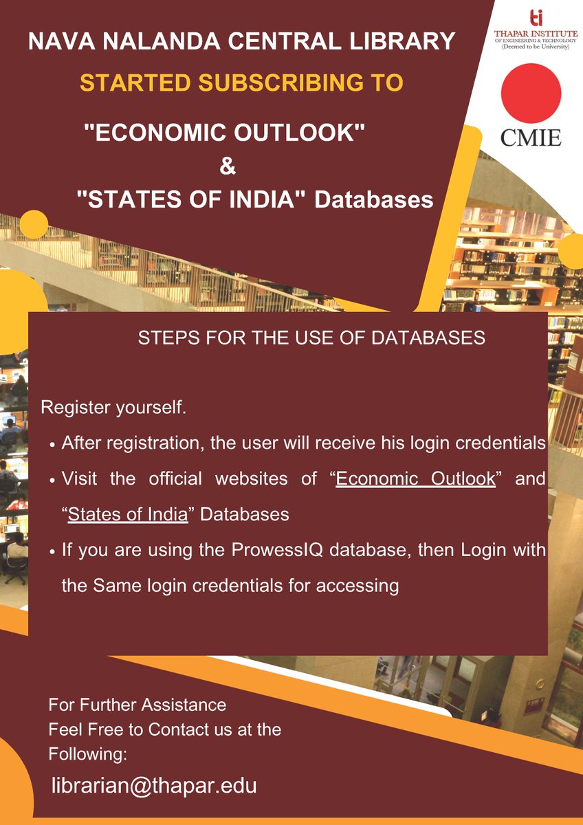 Subscription of "Economic Outlook" and "States of India" databases from 1st June 2023

Dear All,
We would like to apprise you that the Nava Nalanda Central Library has started a subscription to Economic Outlook and States of India databases from 1st June 2023.
Library Team