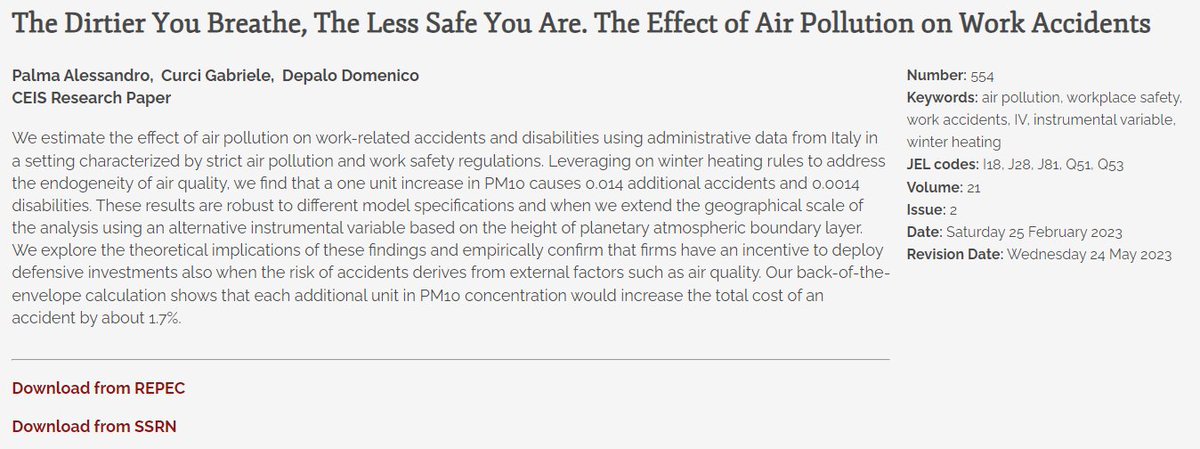 TheDirtierYouBreathe TheLessSafeYouAre TheEffectOf #AirPollution on #WorkAccidents shorturl.at/drJQR
Curci Palma @sandoralp @domenico_depalo 
#WorkplaceSafety #WinterHeating #EconTwitter
@SSRN @repec_org @DEF_TorVergata  @EconTorVergata @GSSI_LAQUILA @CETEMPS_Univaq