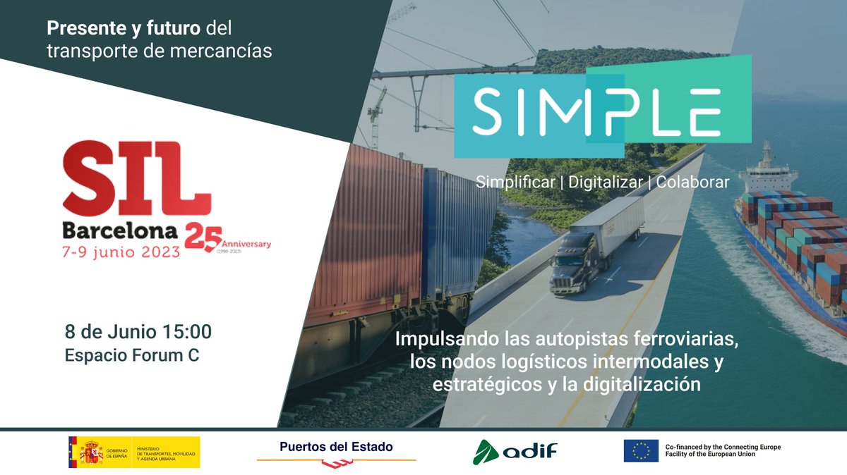 SimpleLogistica's tweet image. Esta semana en @SILBarcelona vamos a mostrar cómo la plataforma SIMPLE integra toda la información de la cadena logística en sus modos #Marítimo #Ferrocarril y #Carretera y asegura la #interoperabilidad entre diferentes agentes

📅 8 de junio
🕚 15:00 a 16.30 h
🚩 Espacio Forum C