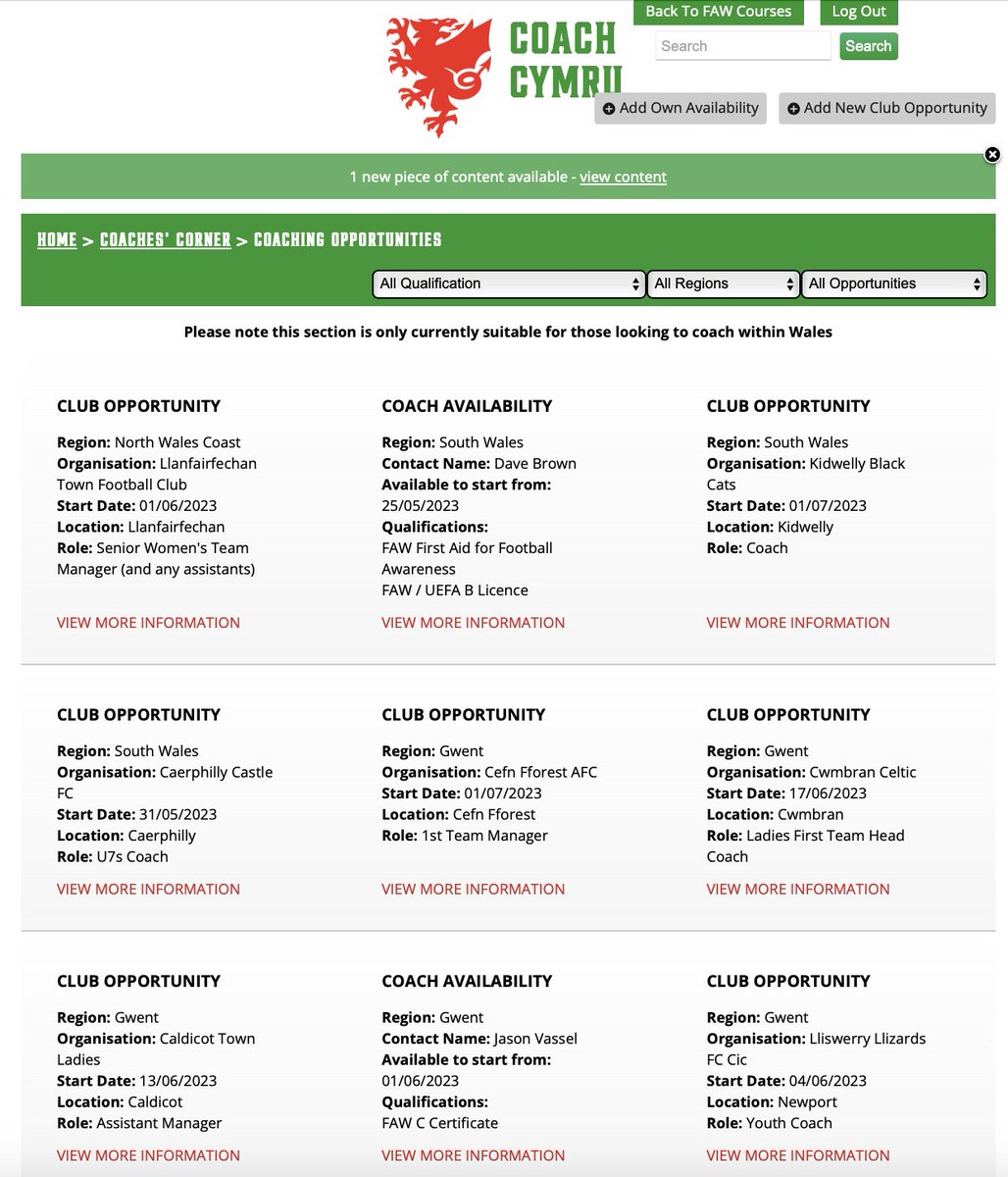Don't forget to check this section out on Coach Cymru if you're looking to recruit coaches

Visit  fawcoach.cymru &amp; click on the 'Coaches Corner' icon