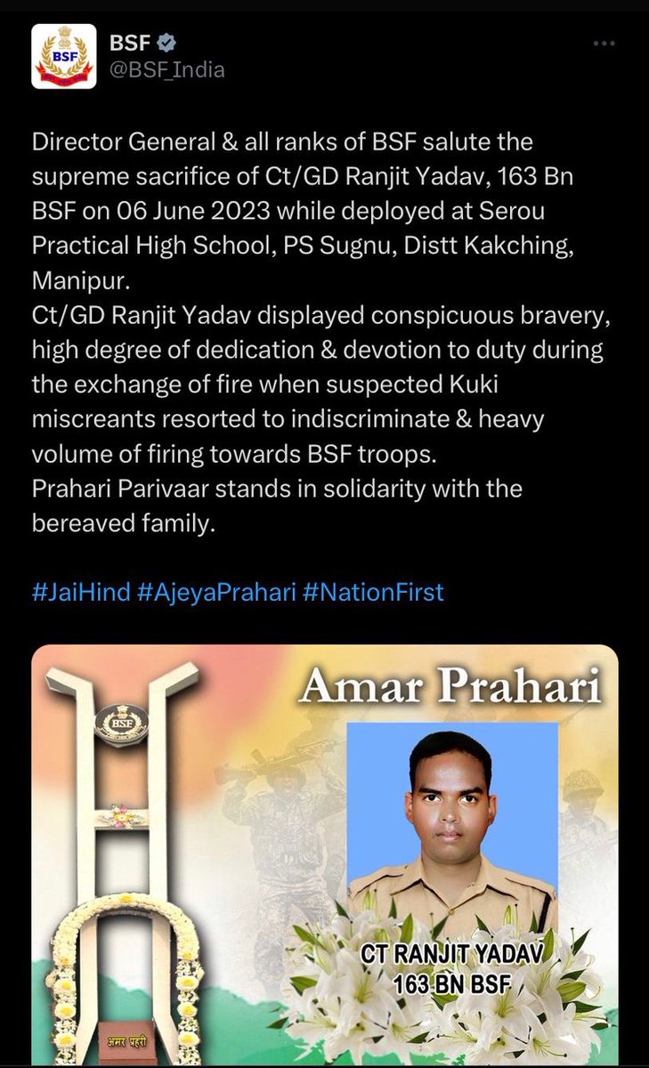 KSODelhi's tweet photo. The deceased, @BSF_India Jawan Amar Prahari died during the exchange of fire between Kuki Village Volunteers and State Security forces. The BSF were manipulated by the Manipur State Forces into believing that Kuki Militants were hiding there. 
Later the outlawed Meitei militants (Arambai tenggol and Meitei leepun) and State Police Commandos along with the Army personnels burnt down Thingkangphai, a Kuki Village in Sugnu Area of Chandel District. A reliable source from the ground reveals that the security forces were under the command of a Meitei Army Officer posted in the vicinity.

Our deepest condolence to the bravehearts that have sacrificed for peace in Manipur. We believe in @spearcorps oath to serve humanity and seek the glory of the tri-colour. Jai Hind!

#ManipurViolence #ManipurTribals