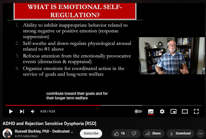 ADHD and Rejection Sensitive Dysphoria (RSD)
https://www.youtube.com/watch?v=WxNIPfddmuM
103 views  6 Jun 2023
It has been proposed by a well known clinician that ADHD may be associated with a new disorder known as Rejection Sensitive Dysphoria.  Here I briefly note the nature of this condition and explain why it is unnecessary to account for the strong emotional reactions people with ADHD may have to social rejection or other provocative events like failure to meet goals.  RSD is not a valid disorder with an empirical basis in the mental health sciences.  The problems it includes are already better accounted for by the fact that ADHD involves poor executive functioning and one important such function is emotional self-regulation.  That component already explains the high likelihood of strong emotional reactions to numerous events than does RSD.