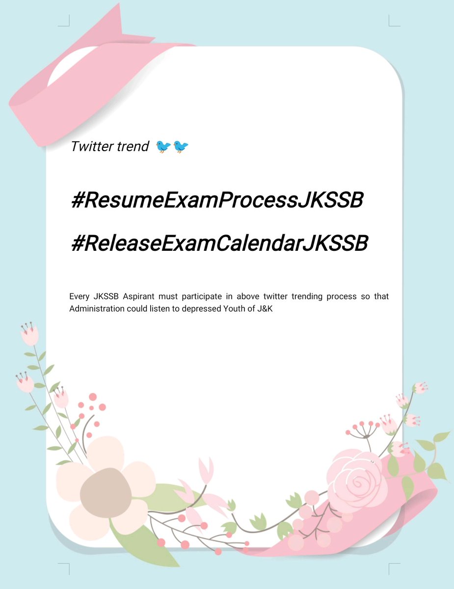 Some Aspirants recommended to start a Twitter trend as mentioned so that Exam process may resume once again as delay is adding pain & agony to all of us,So let's start from your end. 

#ResumeExamProcessJKSSB
#ReleaseExamCalendarJKSSB

@jkssbofficial @manojsinha_ @gadjkut