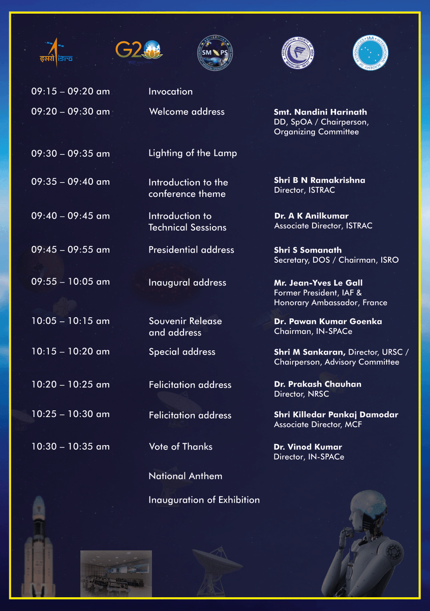 isro's tweet image. International Conference on 
Spacecraft Mission Operations 
(SMOPS-2023) 
begins at 09:15 AM IST on June 8, 2023. 

Mr. Jean-Yves Le Gall, Former President of IAF &amp;amp; Honorary Ambassador of France inaugurates it.

Chairman, ISRO Shri Somanath S,
Chairman, IN-SPACe Dr Pawan Kumar…