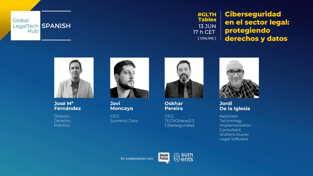 Suments Data (@suments) on Twitter photo 🟡 #GLTHtable: Ciberseguridad en el sector legal: protegiendo derechos y datos
Apúntate a este evento de <a href="/Glegaltechhub/">Global Legaltech Hub</a> con <a href="/tecnoideas20/">TECNOideas 2.0</a> <a href="/WoltersKluwerEs/">Wolters Kluwer España</a> y moderado por <a href="/jmfcomas/">José Mª Fdez. Comas</a> de <a href="/derechopractico/">Derecho Práctico</a>.
linkedin.com/video/event/ur…
#Ciberseguridad #Legaltech #Proteccióndedatos 🟡 #GLTHtable: Ciberseguridad en el sector legal: protegiendo derechos y datos
Apúntate a este evento de <a href="/Glegaltechhub/">Global Legaltech Hub</a> con <a href="/tecnoideas20/">TECNOideas 2.0</a> <a href="/WoltersKluwerEs/">Wolters Kluwer España</a> y moderado por <a href="/jmfcomas/">José Mª Fdez. Comas</a> de <a href="/derechopractico/">Derecho Práctico</a>.
linkedin.com/video/event/ur…
#Ciberseguridad #Legaltech #Proteccióndedatos