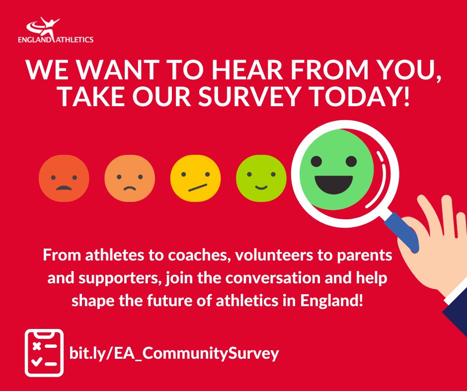 Have your say in the future of our sport!

This is your chance to shape the future of athletics in England. Tell us what you enjoy most about athletics, what drives your involvement, what you see as the biggest challenges and opportunities.

Take survey ➡ bit.ly/EA_CommunitySu…