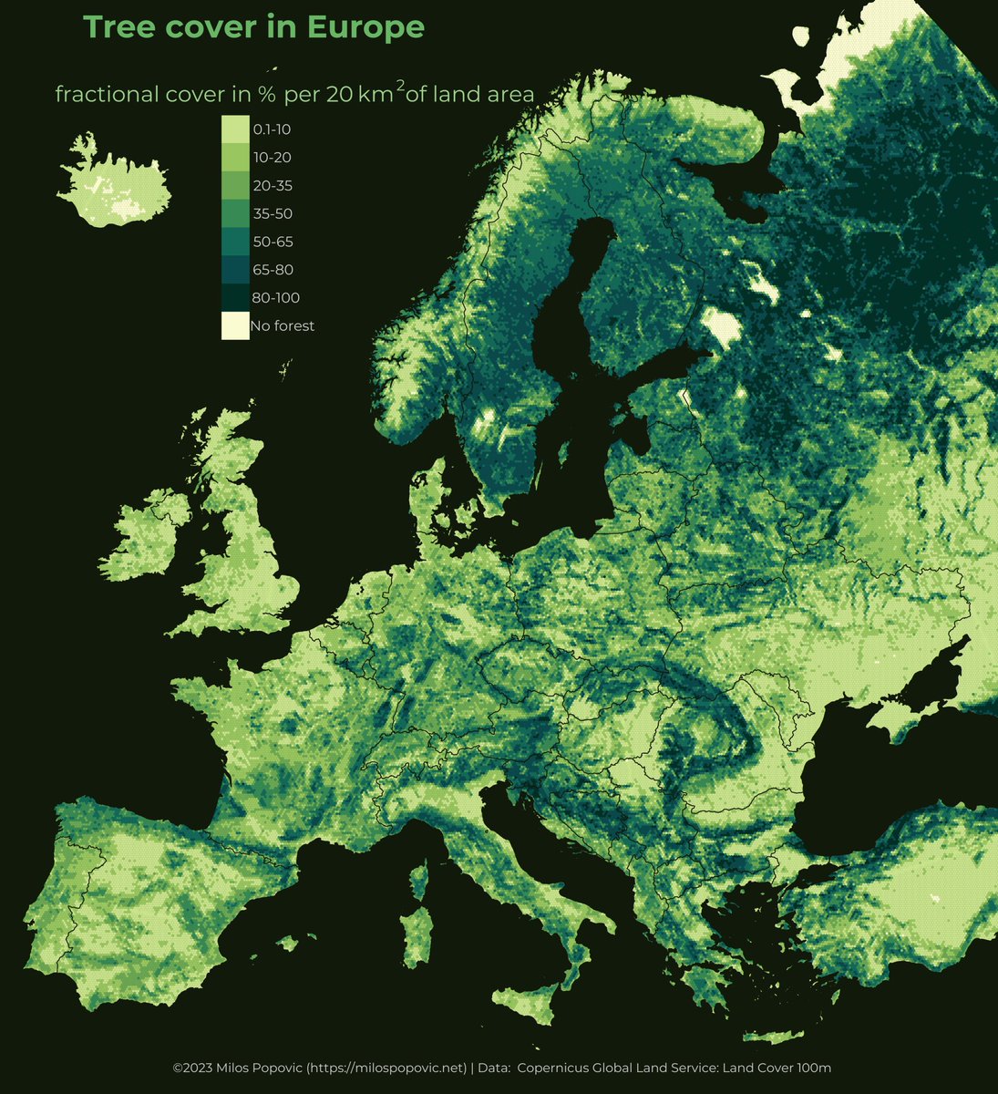 Yesterday was the World Environment Day so I mapped forest cover in Europe, using satellite data from Copernicus Land Cover dataset 🌳🐿️

#RStats #DataScience #gischat #dataviz #maps #WorldEnvironmentDay #EnvironmentDay