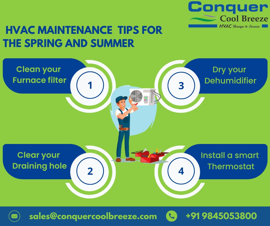 'Is your HVAC system ready for the warmer months? Here are some essential maintenance tips to keep it running smoothly and efficiently all spring and summer long.  #HVACmaintenance  #SummerTips #ACcare #EfficientCooling #CleanAirFilters #OutdoorUnitMaintenance #conquercoolbreeze