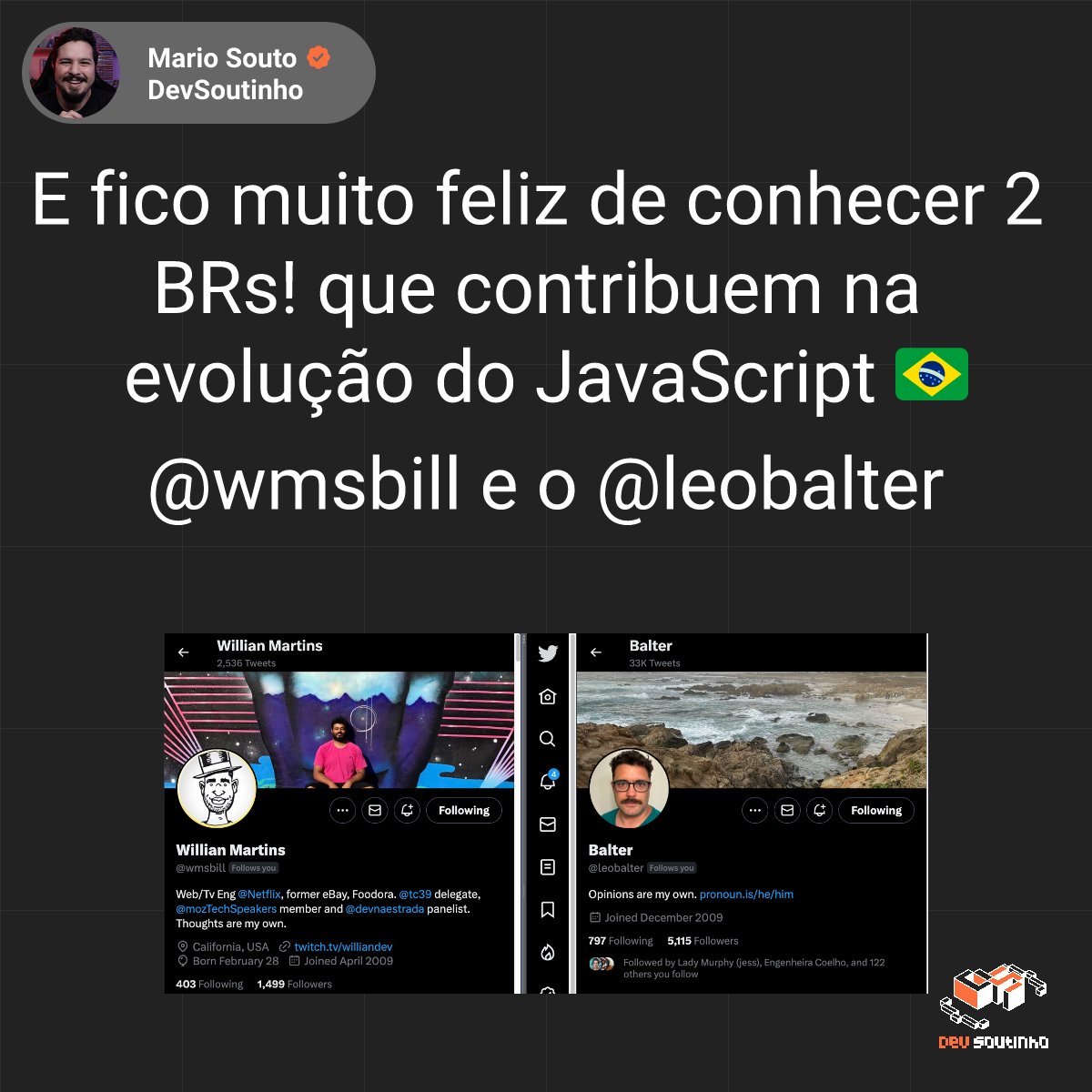 Sabia que você pode estar por dentro de tudo o que VAI VIR no mundo #JS? 🤔 Acompanhe o TC39 no GitHub github.com/tc39

BEM melhor que thread com meme de junção de valor no JS e você entende todo o contexto!

E tem BR representando por lá em! 🇧🇷  <a href="/wmsbill/">Willian Martins</a> e o <a href="/leobalter/">Balter</a>