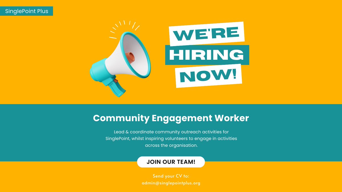 We are looking for a Community Engagement Worker to work with us at SinglePoint Plus! 🚨

👇Click this link to apply!
indeedhi.re/3oImzyO

#WeAreHiring #oldbury #jobs #community #singlepoint #tuesdaymotivations
