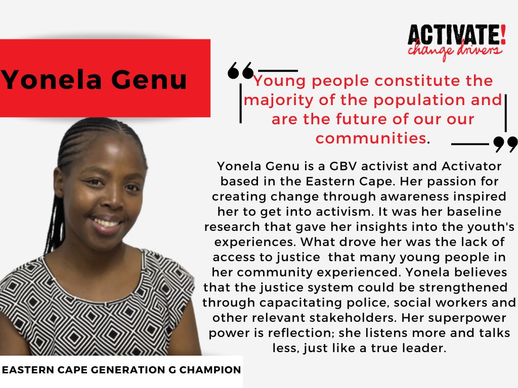 ActivateZA's tweet photo. She is passionate about realising a gender just society in this lifetime. Meet our activator and Generation G Champion, Yonela Genu. Every day this #youthmonth we will take time to highlight members of our network &amp; the great work that they are doing.  #WeAREvoting #ThisFreedom https://t.co/Kl7pvBXhPV