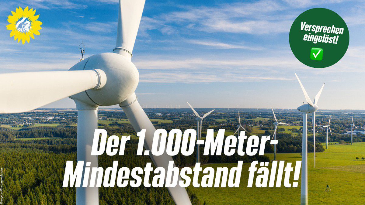 Wir streichen den pauschalen 1.000-Meter-Mindestabstand für Windenergieanlagen! Nachdem wir bereits den Mindestabstand fürs Repowering abgeschafft haben, heben wir jetzt zum schnellstmöglichen Zeitpunkt den Mindestabstand komplett auf. Ein riesen Erfolg für den Klimaschutz!