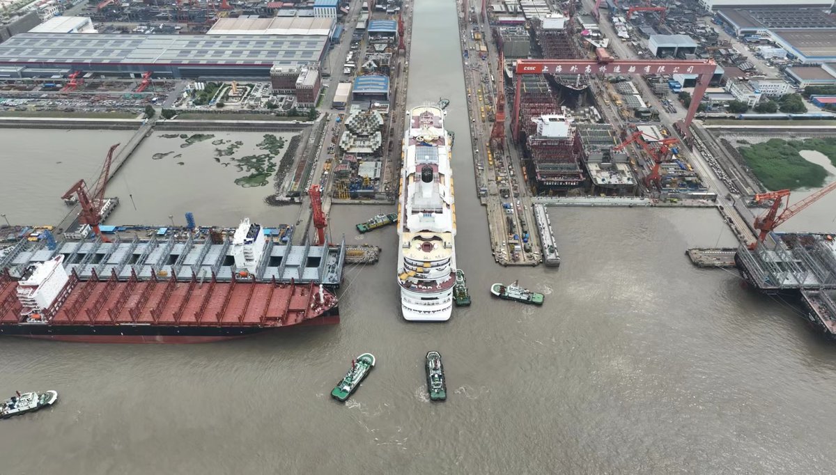 SpokespersonCHN's tweet photo. China's first domestically built large cruise ship #H1508 has left the dock and will be delivered soon. https://t.co/lbGot8mYa8