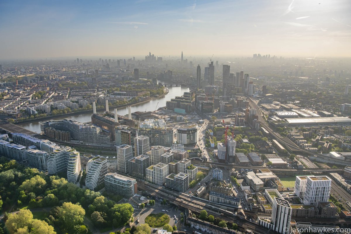 The changing face of #London. #Battersea, #NineElms. @BatterseaPwrStn @NineElmsTeam 
2013 / 2023.  AS355 helicopter. #aerialphotography stock.jasonhawkes.com