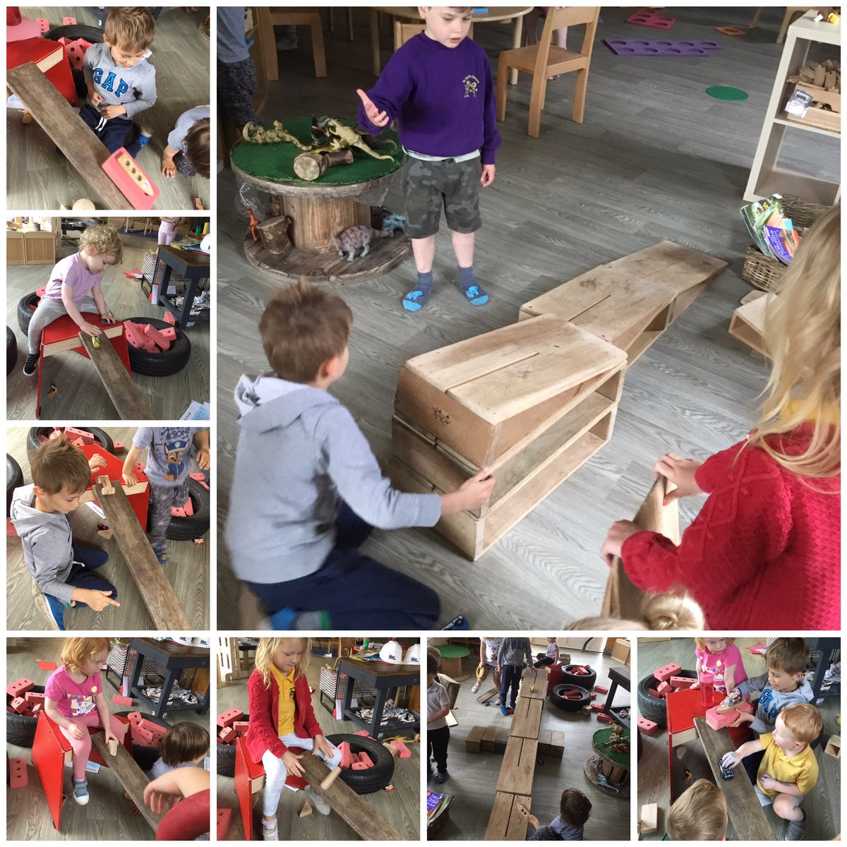 SerfsSt's tweet photo. Learners continue to explore gross motor skills and forces in construction. Today we were experimenting with objects that travel down the ramp slow and fast and found that some objects don’t move at all. Learner V then decided to make a “bigger ramp” and peers joined in. #forces https://t.co/xVMhE8bY8w