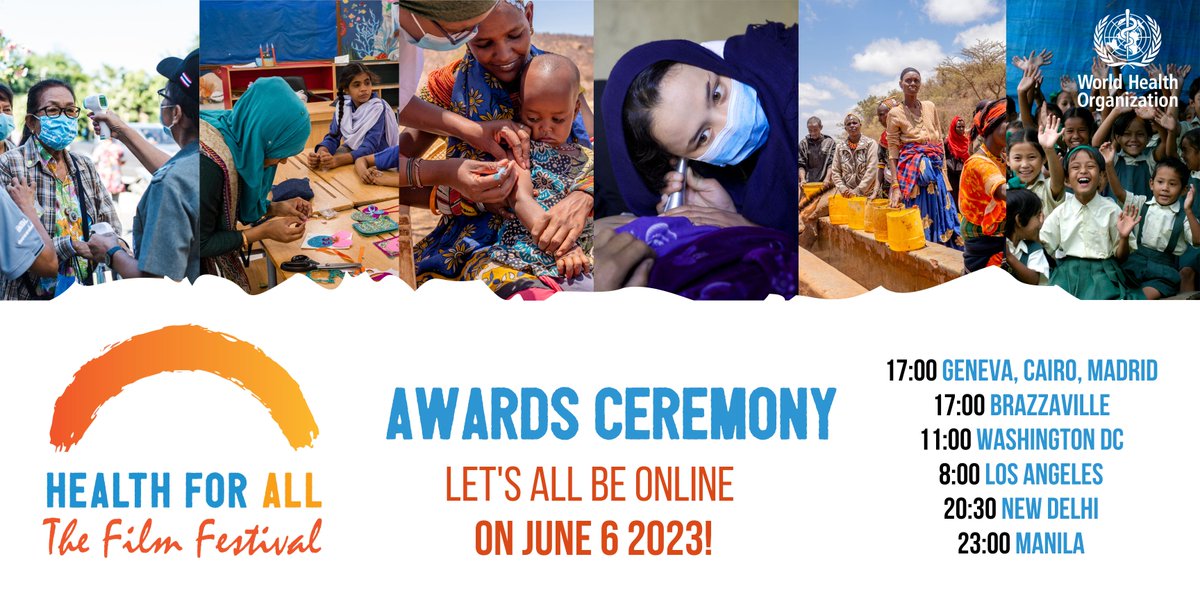 Tune in as @WHO announces the winners 🏆 at the #HealthForAll Film Festival. Show your support using #Film4Health.

More info:
👉 who.int/film-festival