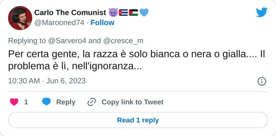 BeaLuster's tweet photo. @Marooned74 @Sarvero4 @cresce_m "Per certa gente, la razza è solo bianca o nera o gialla.... Il problema è lì, nell'ignoranza..." 
(Carlo The Comunist, @Marooned74).

Il problema di @Marooned74 è oggettivamente l'#analfabetismofunzionale e il #bullismo su #Twitter : non è nella posizione di biasimare alcuno. https://t.co/oT9U3EHuWr
