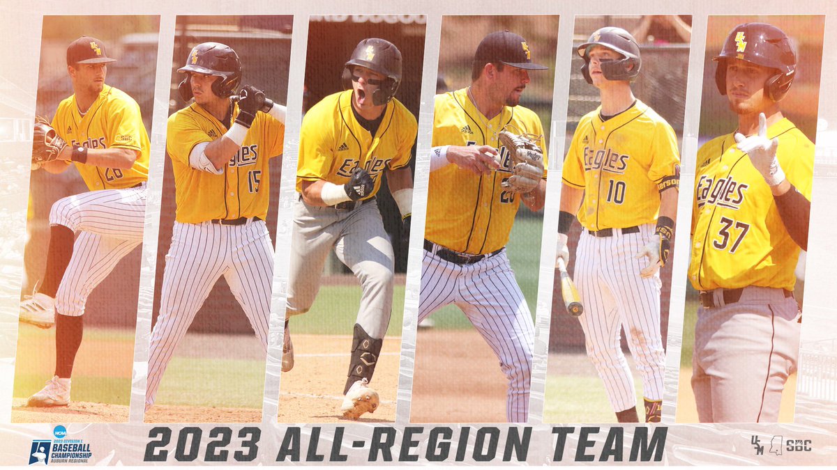 Southern Miss placed six on the All-Auburn Regional Team

P: Tanner Hall
C: Rodrigo Montenegro
2B: Nick Monistere
3B: Danny Lynch
SS: Dustin Dickerson
RF: Carson Paetow

Congratulations to these guys on their accomplishments this weekend!