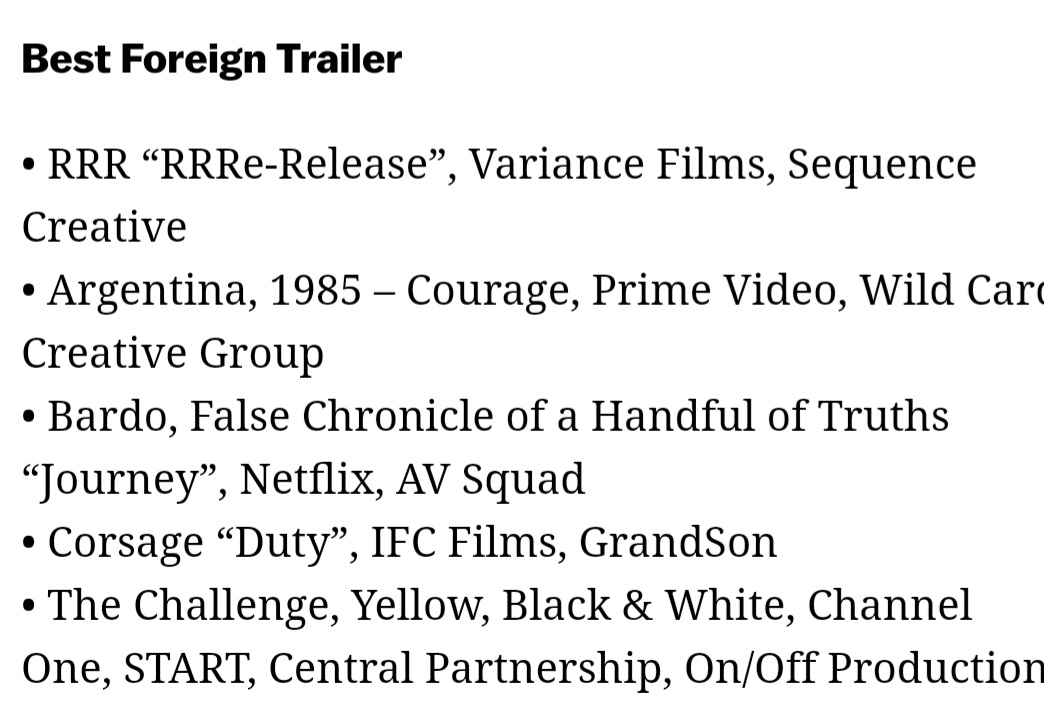 #GoldenTrailer

Just watched all these trailers

None of them came close to RRRe-release trailer 💥

One of the Rare Re-Release trailers which overshadowed the original 😜

👉Winners will be announced on june 29th 

#GTA23 #RRR #RRRMovie