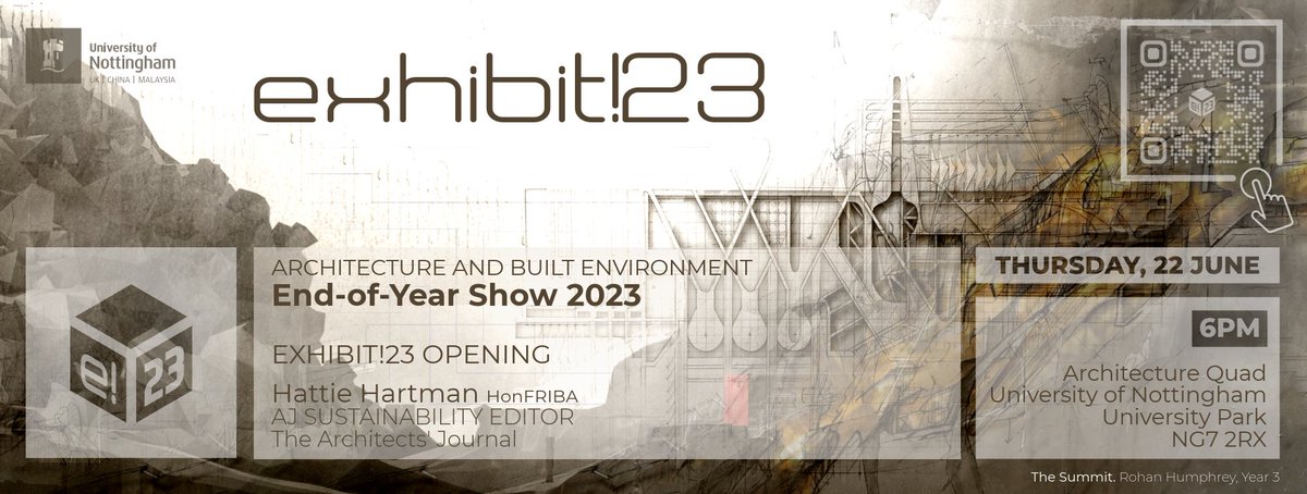 Our <a href="/UoNArchitecture/">Architecture & Built Environment Uni of Nottingham</a> end of year exhibition &amp; awards show is coming up on Thursday 22nd June from 6pm. It will be opened by our Honorary Professor <a href="/HattieHartman/">Hattie Hartman</a>, Sustainability Editor at The Architects’ Journal. Register via tinyurl.com/2s362cez to join the ceelebrations!