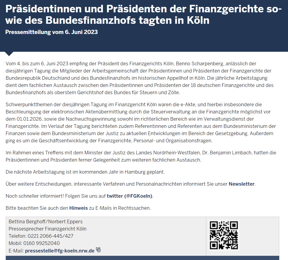 FGKoeln's tweet photo. Präsidentinnen und #Präsident|en der #Finanzgericht|e sowie des #Bundesfinanzhof|s tagten in #Köln

– #Pressemitteilung des Finanzgericht|s Köln vom 06. Juni #2023

https://t.co/HpSA7SZh4n

@bfh_bund @finanzgerichtMS @jm_nrw https://t.co/GUNWMteG72