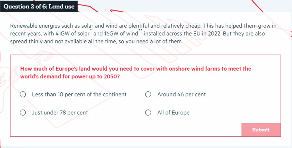 einarke's tweet photo. I @FinancialTimes har @Equinor sponset en quiz med tittelen "Hva vet du om energiomstillingen". Kan jeg si det er relativt tendensiøse spørsmål? Allerede på #2 spør de "Hvor mye av Europas landareal trenger man for å dekke hele verdens (jeg gjentar: VERDENS) strømbehov i 2050?". https://t.co/D2vbhTW1ra