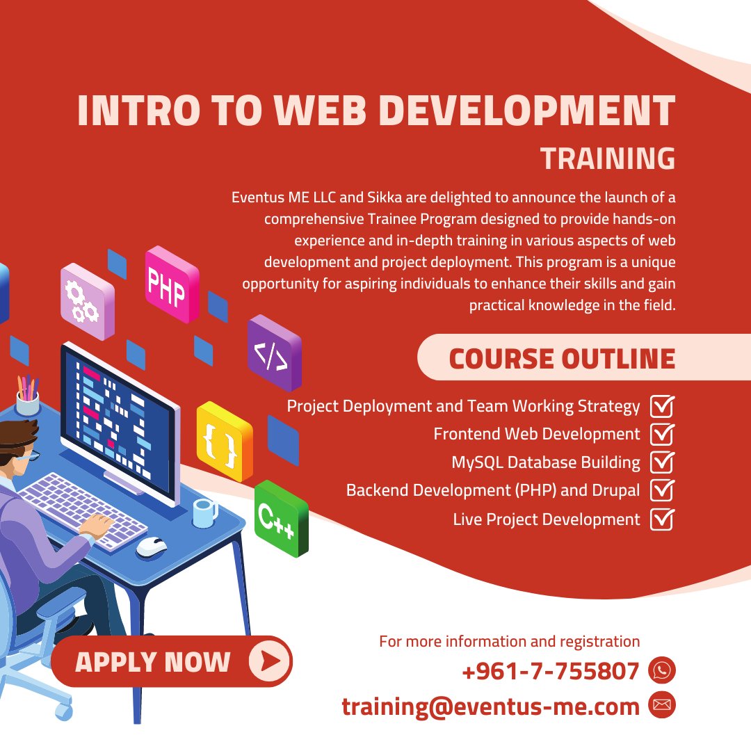 📢 Announcement: Trainee Program Introduction to Web Development by @ EventusLB and Sikka

Read more at: sikkasaida.odoo.com/r/GM7

#Saida #Lebanon #WebDevelopment #webdev