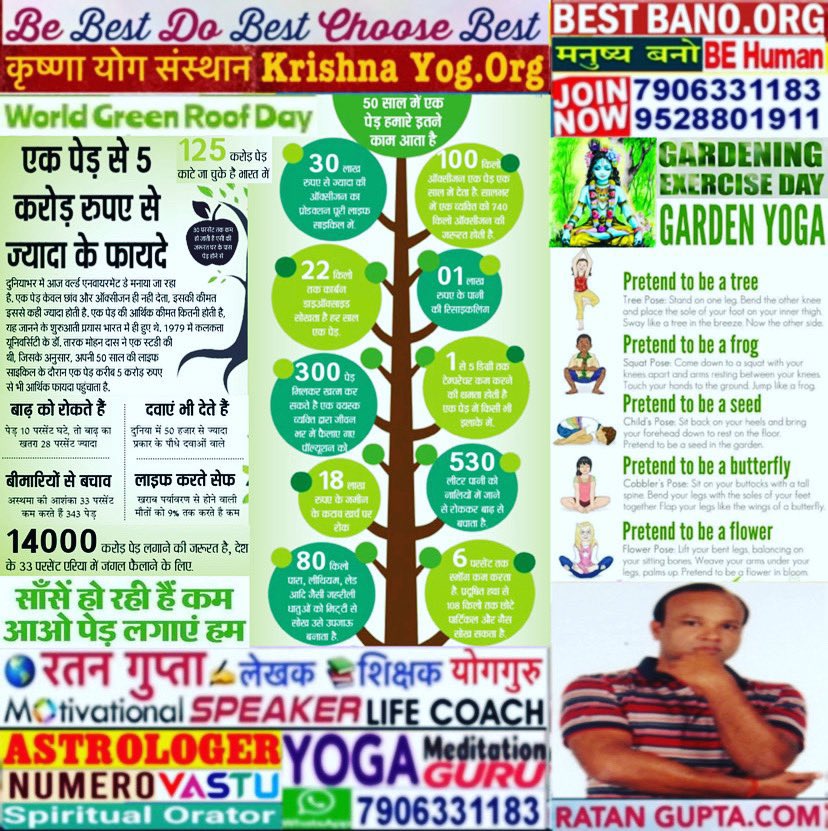 Join #ManushyaBano #मनुष्य_बनो
#BeHuman #Humanity Movement
Plant🌳#Tree #SaveTrees 
#WorldGreenRoofDay & #GardeningExerciseDay Wishes By
#RatanGupta #MotivationalSpeaker
#YogGuru #SpiritualOrator #Astrologer #Numerologist #Vastu #NLP #LifeCoach
Founder #KrishnaYog & #BestBano.Org