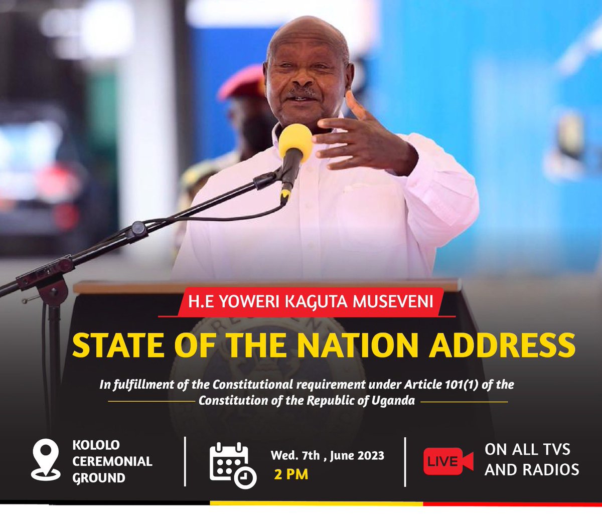 MANIFESTO IMPLEMENTATION UNIT (@manifestounit) on Twitter photo President <a href="/KagutaMuseveni/">Yoweri K Museveni</a> will tomorrow, 07 June 2023 deliver to Parliament the State of the Nation Address at Kololo Independence Grounds. The Address will mark the opening of the 3rd Session of the 11th Parliament. #SONAUG2023 President <a href="/KagutaMuseveni/">Yoweri K Museveni</a> will tomorrow, 07 June 2023 deliver to Parliament the State of the Nation Address at Kololo Independence Grounds. The Address will mark the opening of the 3rd Session of the 11th Parliament. #SONAUG2023