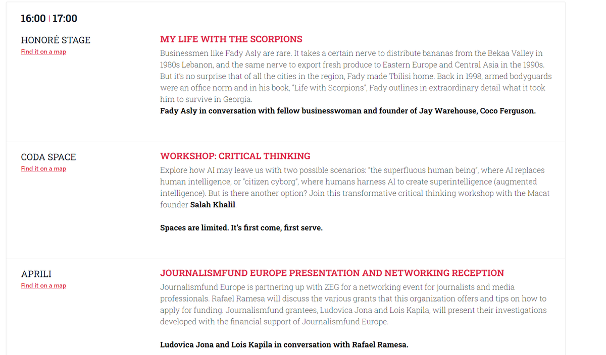 three sessions also 16:00 to 17:00:
<a href="/fadyasly/">Fady Asly ფადი ასლი</a> <a href="/cocoferguson/">coco ferguson</a> on doing business among scorpions;  
exploring critical thinking w Salah Khalil, founder of <a href="/Macat_Int/">Macat</a>; 
and <a href="/journalismfund/">Journalismfund Europe</a> presentation w <a href="/RafaelRamesa/">Rafael Rameša</a> <a href="/ludojona/">Ludovica Jona</a> @LoKapila. 
Drinks!  
Stay tuned: big kickoff at 19:00