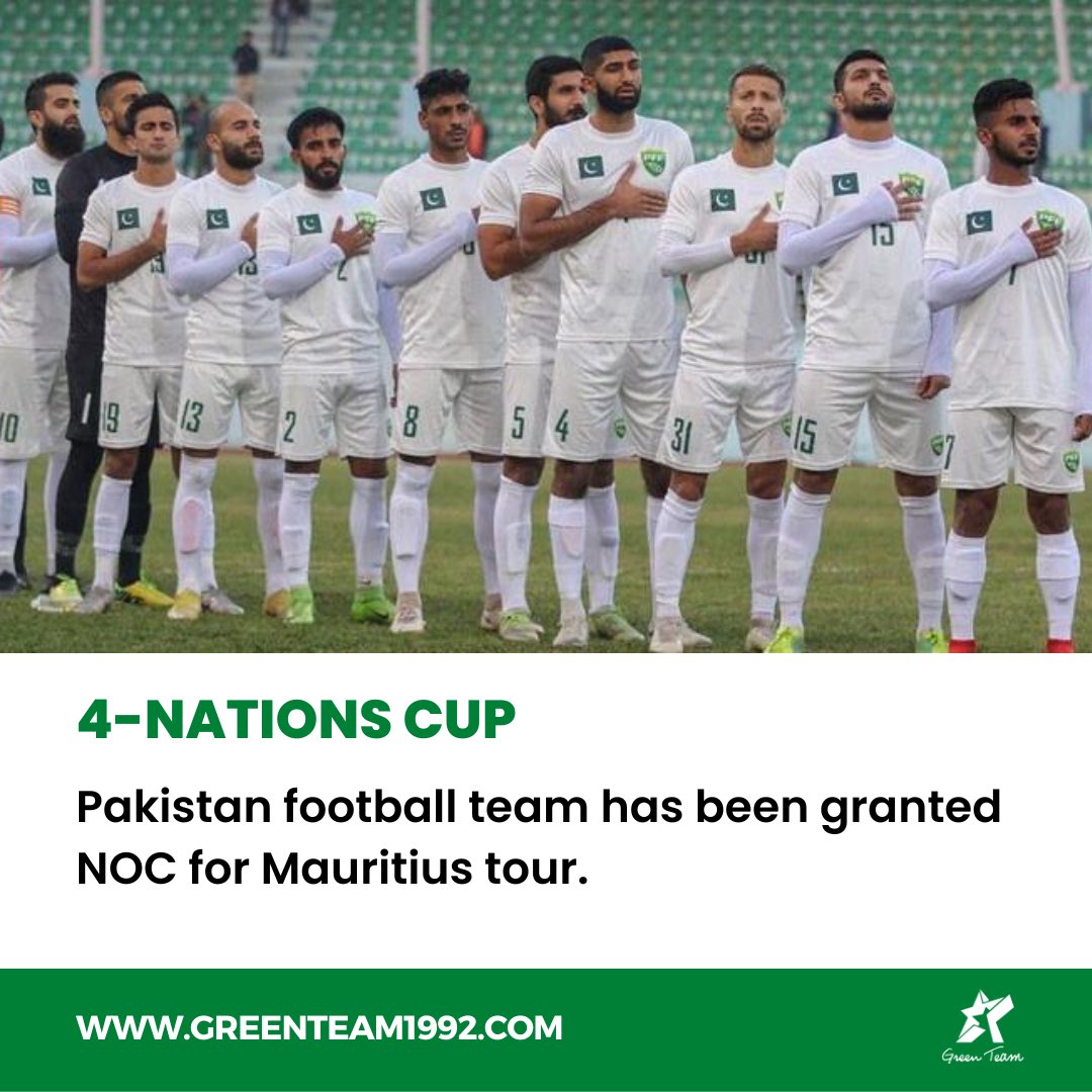 BREAKING 🚨
Pakistan Football Team has been given Green Signal by PSB to tour Mauritius 🇲🇺 for 4 Nations Cup where first match is scheduled on 12th June. NOC to play SAFF cup in India 🇮🇳 is still pending.

#KhelKaJunoon | #Mauritius | #PFF | #DilSayFootball | #GiveTheNOC