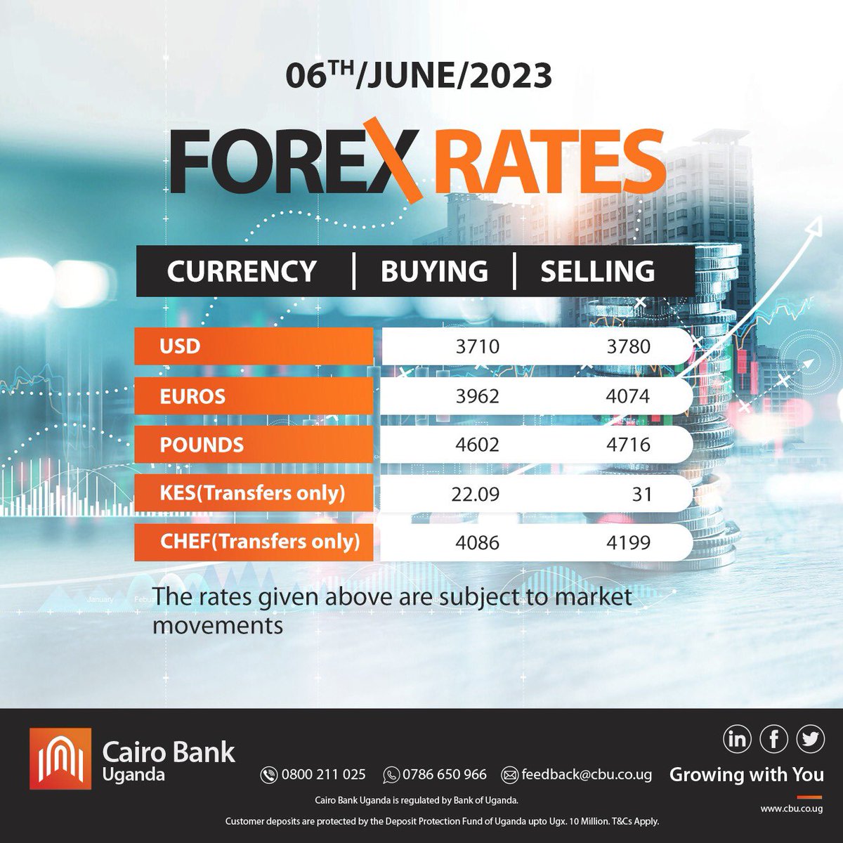 Forex Rates | 06 June, 2023

⚠️ Rates given are subject to market movements❗️

#CairoBanks #ForexRates #Money #MoneyMatters #MoneyInTheBank #Rates #Forex #ForexBanking #MoneyExchange #commerce #MoneyTalks #MoneyTips