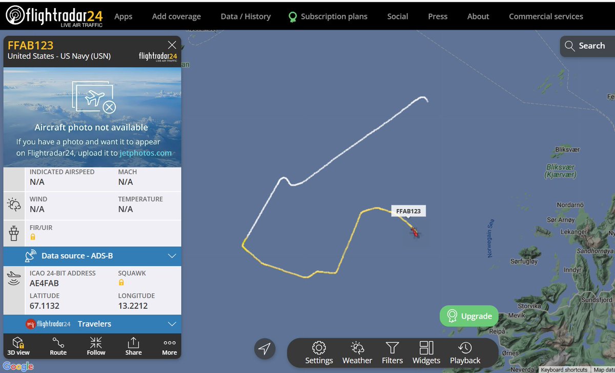#USNAVY #NorwegianSea #MH60RSeahawk as seen through #Flightradar 06 Jun 23 at 0707 & 0714 UTC. Heptr operating in Loc:67.1132N,13.2212N likely posn of #USSGeraldRFord #CVN78 & escort ships. @MT_Anderson @Moochikal @raje271065 @supbrow @CeciliaSykala @ryankakiuchan @CeciliaSykala