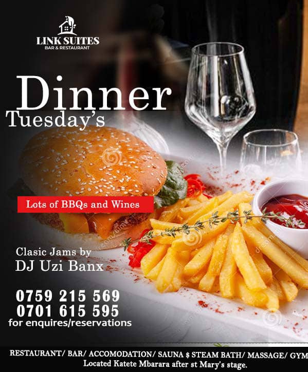 *LINK | SUITES | BAR | RESTAURANT* 
PRESENTS 
🔥🔥🔥🔥🔥🔥🔥🔥
*DINNER TUESDAY'S*

FOOD PROMOTION:
*We give you Spicey fried  wings of chicken with chips <a href="/25k/">25K</a>, whole chicken with chips@55k for ur lunch and dinner, come and enjoy our spiced sweet food at affordable price🍜🍲🍝*