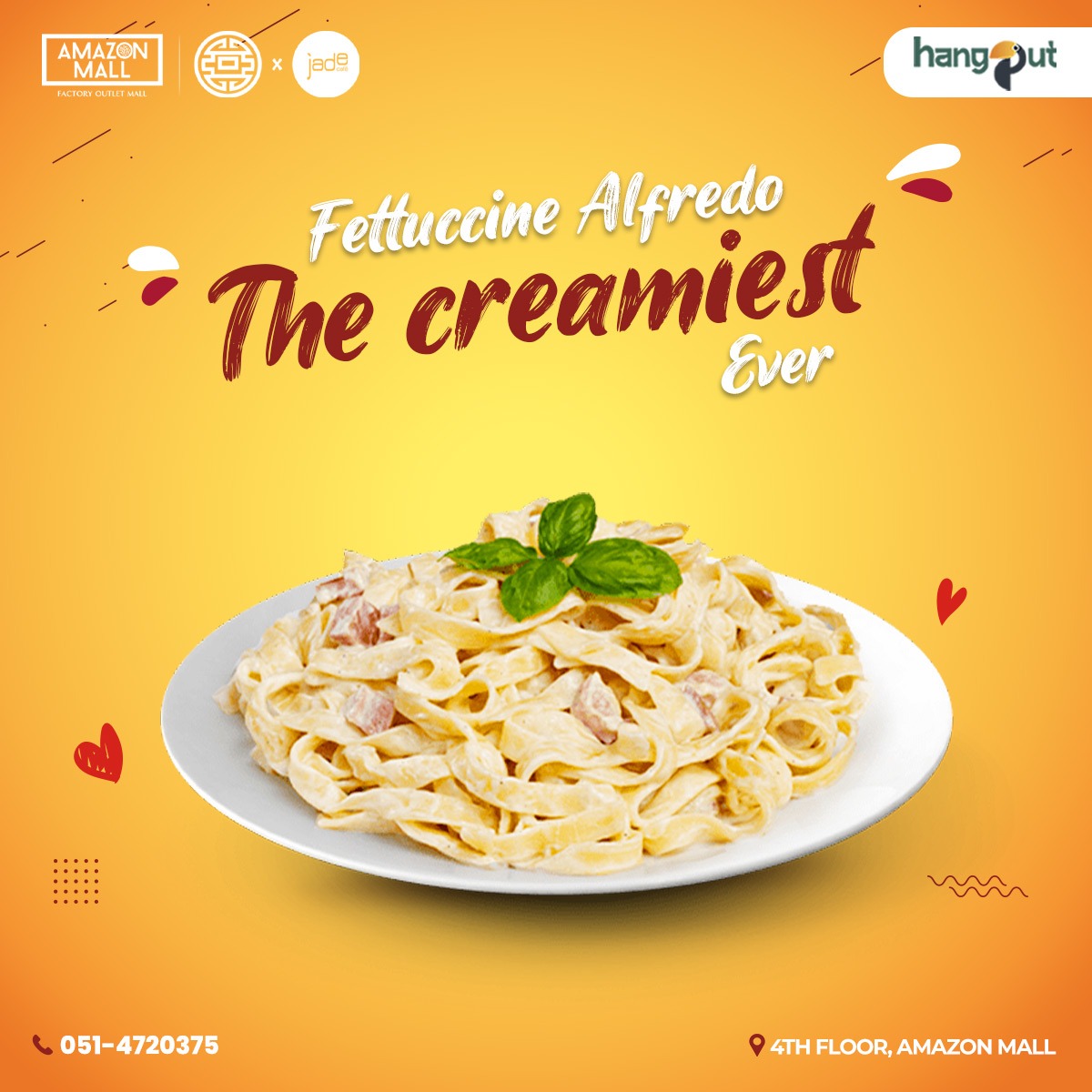 Fettuccine Alfredo The Creamiest Ever!

Location📍4th Floor - Amazon Outlet Mall, GT Road, Near DHA 2
☎️For reservations and orders call us at 051(4720375)

#amazon #amazonmall #amazonmallgtroad #jade #chinatown #jadesunsetcafe #fettuccinealfredo #creamiestever #pastaperfection
