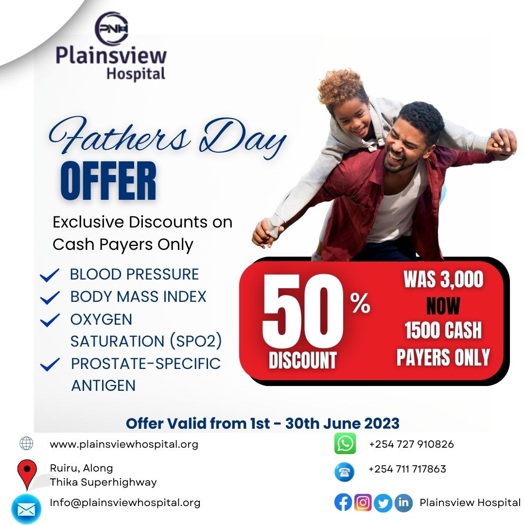 PlainsviewH's tweet photo. Celebrate Father's Day at Plainsview Hospital! This June, Exclusively for Fathers and Men, we have special services: Receive FREE vital checks (BP, BMI, &amp; SPO2) when you come in for your PSA test.
PSA test are at a discounted rate of Kshs.1500.
Call 0711-717-863 / 0727-910-826. https://t.co/hKLMEEtXGR
