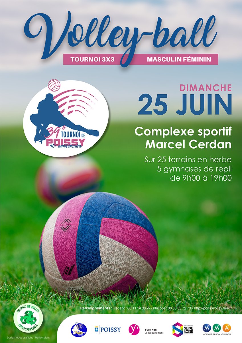villepoissy's tweet photo. #Sports Dimanche 25 juin, le #PoissyVolley organise la 39ème édition du tournoi de Poissy. De 9h à 19h, les équipes engagées, composées de 3 joueurs, s'affronteront sur 25 terrains en herbe ! 🏐
Infos et inscriptions ➡ https://t.co/zAg5bwHUID https://t.co/GHMzRrW2Om