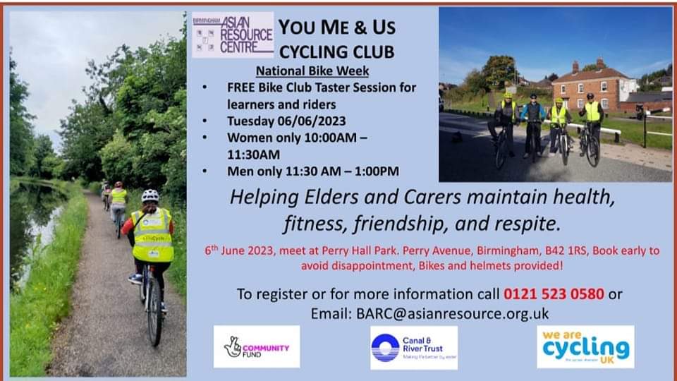 run_taz's tweet photo. It's National Bike Week and our partners @asian_resource have a mens and womens bike club taster session today from Perry Barr Yard B42 2LZ.
Join them and @WeAreCyclingUK learn how cycling on the canals can improve your wellbeing.
@CRTWestMidlands
@CanalRiverTrust
#letscycle https://t.co/y0tV6gSQJw
